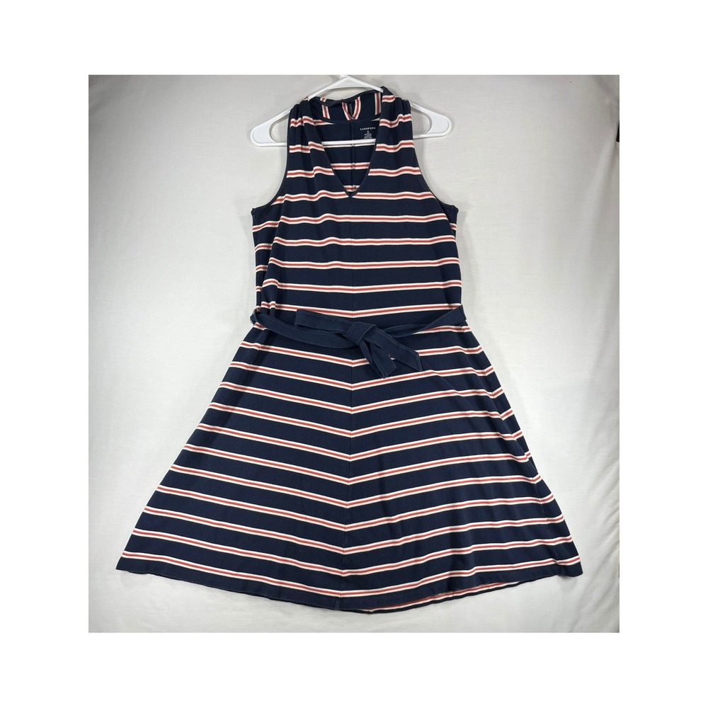 Lands End Womens Small Navy Blue Orange Striped Sleeveless V-Neck A-Line Dress